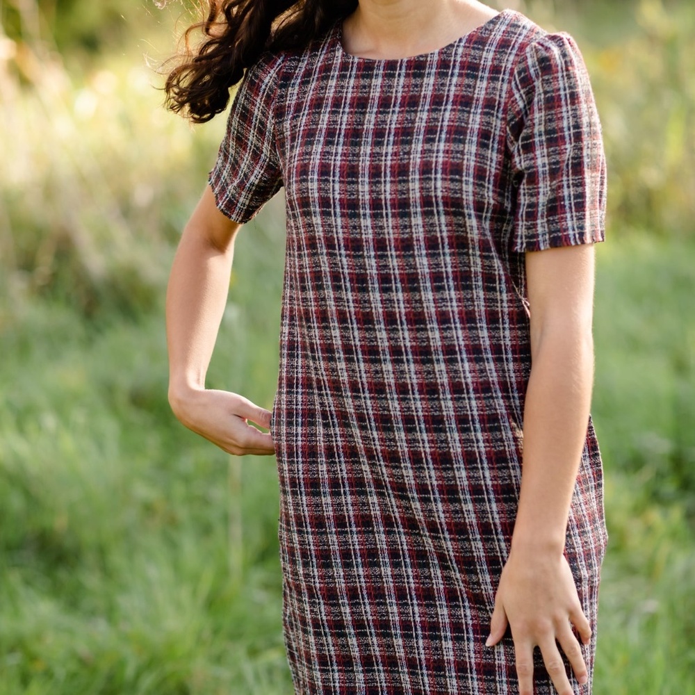 Plaid Fringed Edge Round Neck Shift Midi Dress